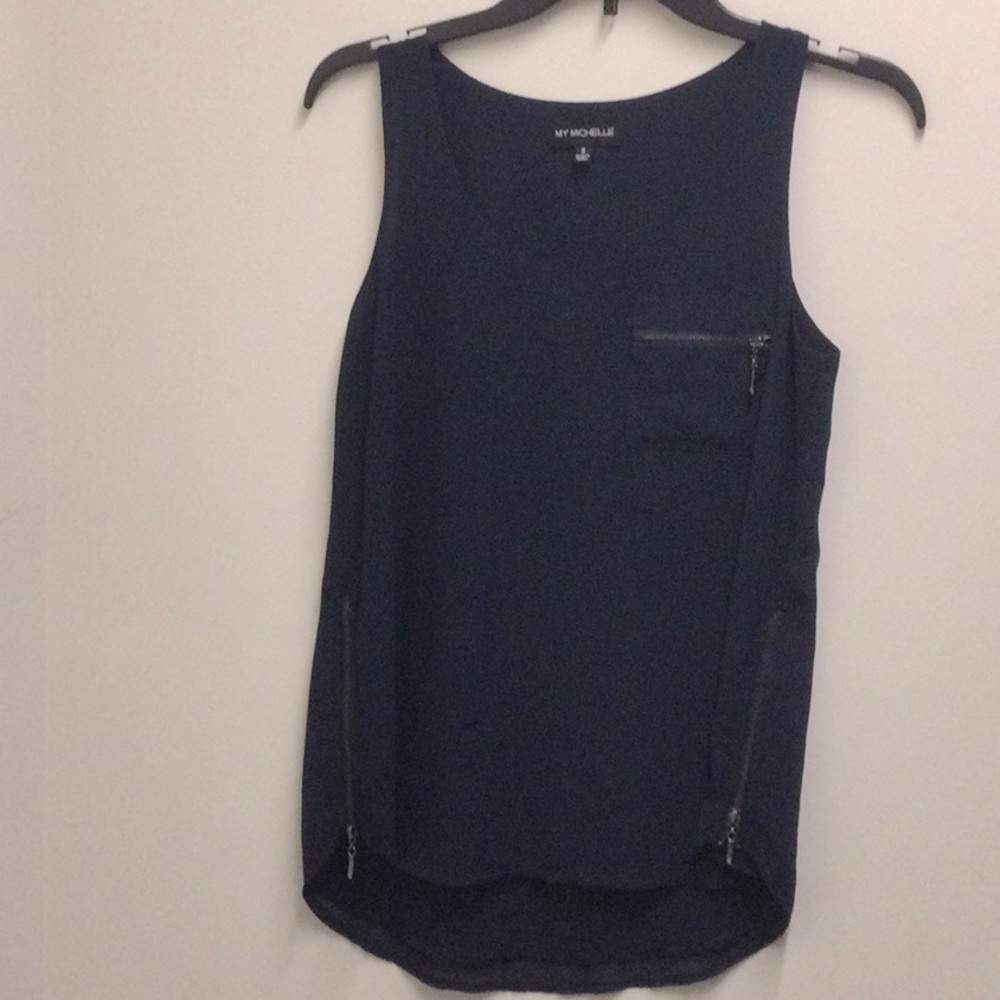 Dark blue chiffon zipper tank top